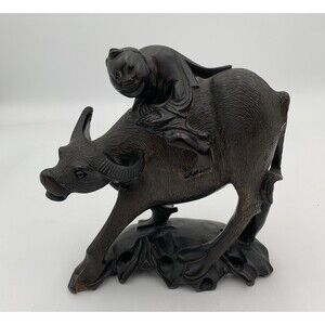 Vtg Hand Carved 7 1/2”  Wooden Bull  Figure W/Boy Ox Buffalo Eyes .